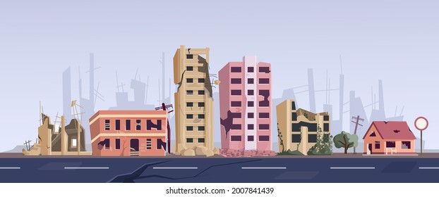 Ghetto street with ruined abandoned house and old building. Dilapidated dwellings stand on roadside, destroyed broken town ruins after explosion, natural disaster war or earthquake vector illustration