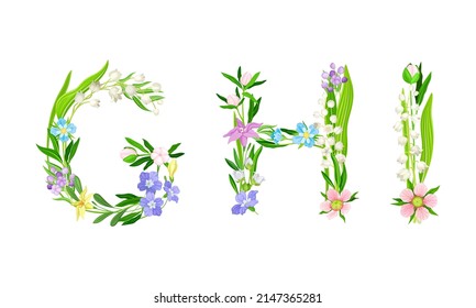 G,H,I letras mayúsculas hechas de hojas y flores. Alfabeto floral para boda, diseño de tarjeta de saludo invitación ilustración vectorial de dibujos animados