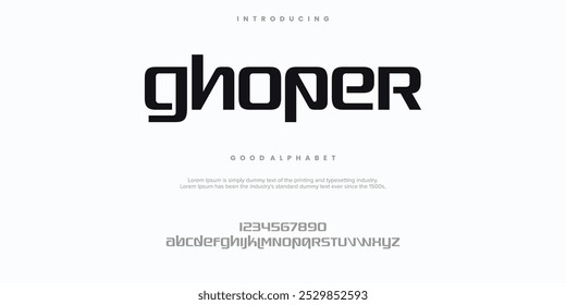 Ghoper Creative font. Modern abstract digital tech font. Logo creative font, type, technology, movie, digital, music, movie. Fonts and illustration in vector format.