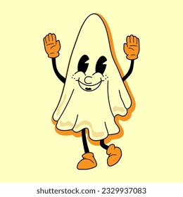 Ghost 30s cartoon mascot character 40s, 50s, 60s old animation style. Cartoon cheerful halloween mascot