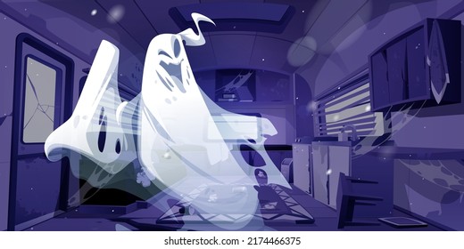 Ghost In Abandoned Camping Trailer Car Interior. Cartoon Halloween Character Inside Of Old Rv Motor Home With Broken Furniture, Spider Webs At Night. Funny Spook, Fantasy Monster, Vector Illustration