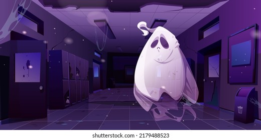 Ghost in abandoned school hall interior at night. Cartoon Halloween character inside of old college corridor with spider webs, lockers and broken walls. Funny spook fantasy monster Vector illustration