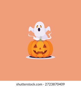 Geist über Kürbisvektor. Halloween Cartoon Geist Vektorgrafik-Design.