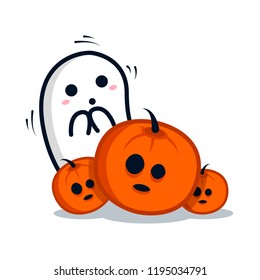 The Ghost is afraid and  hiding behind a pumpkin