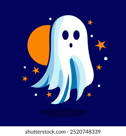 Fantasma contra o pano de fundo da lua. Noite, Halloween, spook, espírito, estrelas, assustador, vida após a morte, monstro, espectro, medo, truque ou guloseimas, buracos para olhos e boca. Ilustração vetorial