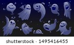 ghost apparition spook horror set. ghost funny That see through Blue night scene. ghost sheet halloween character design. Isolated vector illustration.