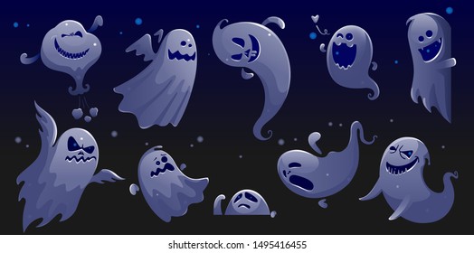 ghost apparition spook horror set. ghost funny That see through Blue night scene. ghost sheet halloween character design. Isolated vector illustration.