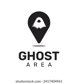 Diseño del logotipo del área fantasma, combinación de diseño del logotipo del icono de ubicación y la silueta fantasma, logotipo sencillo y de estilo plano