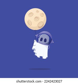 Ghost Astronaut Character Flies with Full Moon Illustration