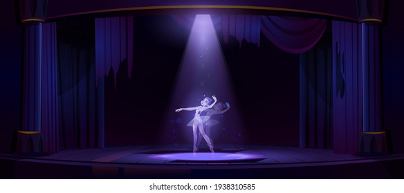 Ghost Ballerina Dance On Old Theater Stage At Night