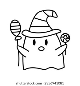 Ghost with ballon and candy. Line vector illustration.