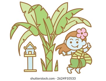 Ghost banana tree and Spirit house cartoon style.