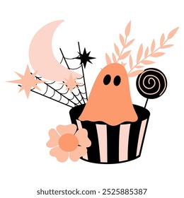 Ghost in a basket with cobweb, twigs and candy vector illustration 