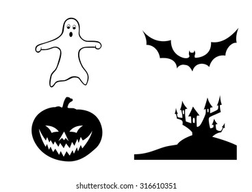 ghost, bat,pumpkin and building