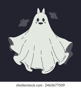 Ghost with bats. Hand drawn cheerful Halloween ghost, spooky flying phantom flat vector illustration. Cute Halloween ghost character