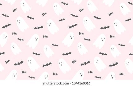 Ghost with  bats vector seamless pattern on pink background. Glamour helloween