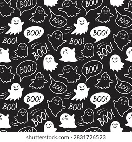 Ghost and boo speech bubble pattern displays a spooky Halloween design on a black background apparition ghosts spectre wraith phantom october eerie scary festive holiday