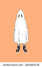 Ghost in boots Man in Bed Sheet and Shoes Halloween Ghost Teenager Costume Sketch Tattoo Template Outline Hand Drawn Cute Ghost Character Vector Illustration Masquerade