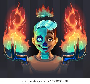 Ghost boy with fire in his hands. Vector cartoon horror illustration