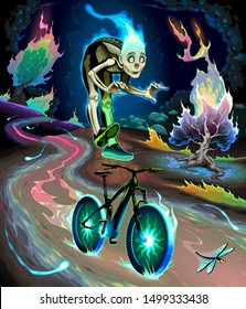 Ghost boy is riding the bicycle in the fluvial park. Vector horror cartoon illustration