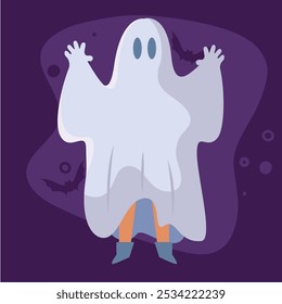 Ghost boy in a spooky white sheet for Halloween, Vector