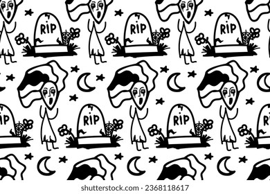 Ghost bride. Cemetery. Creepy, spooky, scary Halloween.  Grave. Trendy, stylish, fashionable, seamless vector pattern for design and decoration.