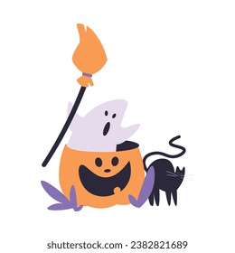 Ghost with Broom and Cat with Pumpkin as Halloween Trick or Treat Night Party Element Vector Illustration