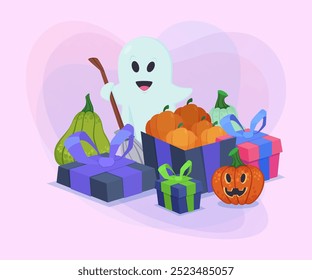 Fantasma con escoba, cajas de regalo con calabazas, jack-o-lantern sobre fondo abstracto. Diseño de Anuncio de Halloween. Celebración, día de fiesta, concepto de fiesta. Ilustración vectorial para postal o cartel