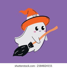 Ghost with broom. Halloween social media stickers. International, traditional, autumn holiday of fear and horror. Imagination and fantasy. Scary fictional character. Cartoon flat vector illustration