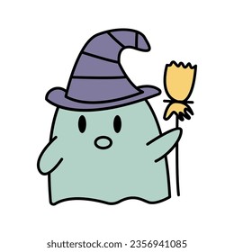 Ghost with broom isolated on white background. Flat vector illustration.