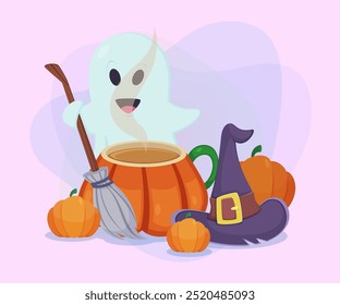 Ghost with broom, pumpkin cup with hot drink, witch hat on abstract background. Halloween banner design. Celebration, holiday, party concept. Vector illustration for poster or invitation