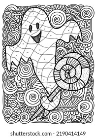 Ghost With Candy Coloring Page For Halloween Activity Vector Illustration