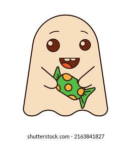 A ghost with a candy on a white background, a character. A cute ghost with a smile for your Halloween design. A symbol of a happy Halloween holiday. Vector illustration