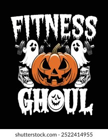 ghost carry dumbbells A grinning pumpkin, scary faces sneakers and dumbbells floating in the air.