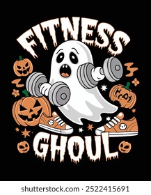 ghost carry dumbbells A grinning pumpkin, scary faces sneakers and dumbbells floating in the air.