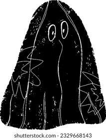 Ghost cartoon. Black hand drawn linocut style, grunge rough old texture. Element for design. Halloween design.