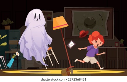 Ghost cartoon concept with child running from spooky creature vector illustration