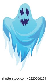 Ghost cartoon. Halloween spooks, scary ghostly monster, nightmare character, simple drawing, blue spirit with evil angry face, autumn holiday, phantom or poltergeist vector single illustration