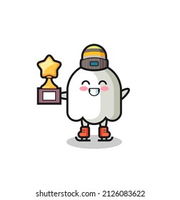 ghost cartoon as an ice skating player hold winner trophy , cute style design for t shirt, sticker, logo element