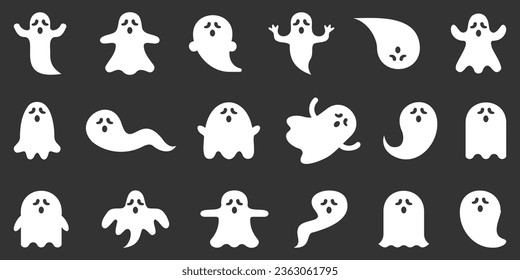 Iconos de caricatura fantasma en un diseño plano para Halloween. Colección de silueta fantasma. Juego de fantasmas de dibujos animados