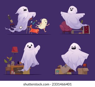 Iconos de dibujos animados fantasma con criaturas espeluznantes en interiores aislados ilustraciones vectoriales