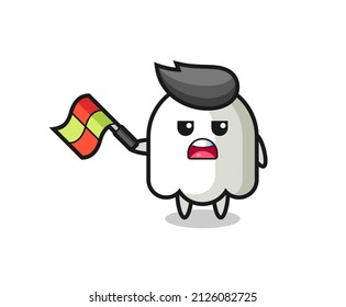 ghost cartoon as the line judge hold the flag up at a 45 degree angle , cute style design for t shirt, sticker, logo element