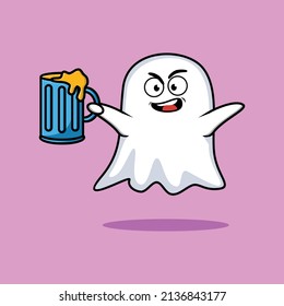 Ghost cartoon mascot character with beer glass and cute stylish design