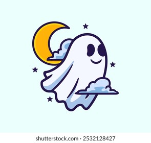  Ghost Cartoon with Moon and Clouds - Perfect for Halloween Designs and Festive Illustrations