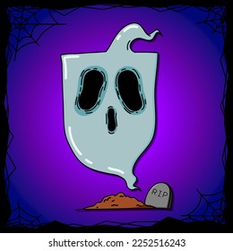 A ghost in cartoon vector style is depicted with a scary face and a grave below. This is a Halloween vector
