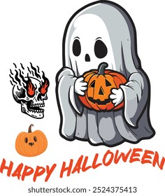 a ghost with a carved face and a pumpkin that says happy halloween.