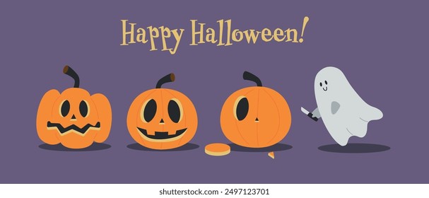 Ghost carving pumpkins for Halloween. Fun Spirits with pumpkin heads. Cute Spooky Elements. Vector flat Illustration on violet Background. 