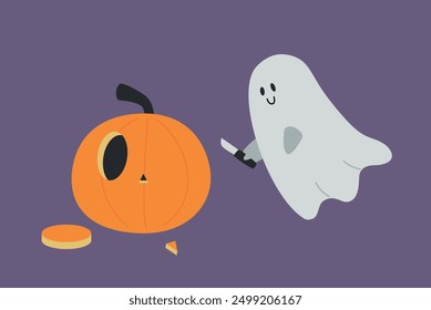 Ghost carving pumpkins for Halloween. Fun Spirits with pumpkin heads. Cute Spooky Elements. Vector flat Illustration on violet Background.