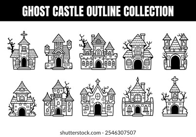 Ghost castle outline vector illustration set