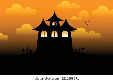 Ghost castle silhouette and dracula at the window yellow sky dark background